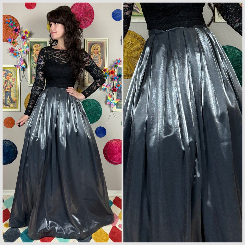 Vintage Y2K Metallic Silver High Waist Pleated Formal Ball Skirt